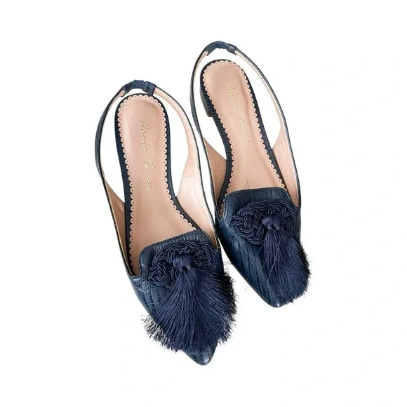 NEW PAULA TORRES Slingback Leather Tassel Navy Flats Sz 8 - Picture 2 of 4